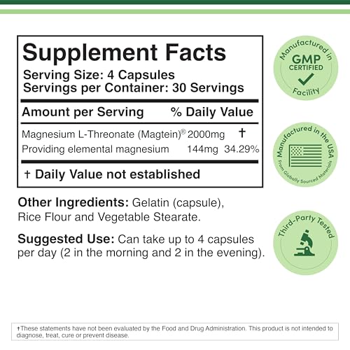 Magnesium L Threonate, Magtein™, Sleep and Cognitive Support – High Absorption – Most Bioavailable Form of Magnesium – 2,000 mg – 120 Capsules