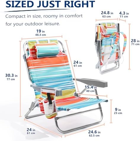 5-Position Aluminum Lay Flat Backpack Beach Chair, Compact Portable Low Beach Chairs for Adults with Cooler Pouch, Storage Pouch, Towel Bar, Cup Holder & Phone Holder, Multicolor Stripe