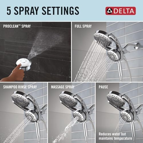 Delta Faucet 5-Setting HydroRain 2-in-1 Dual Shower Head with ProClean Spray, Chrome Round Shower Head with Hose, Hand Held Shower Head, Chrome 75419