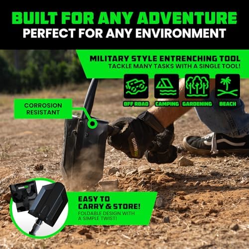 Rhino USA Survival Shovel w/Pick - Heavy Duty Carbon Steel Military Style Entrenching Tool for Off Road, Camping, Gardening, Beach, Digging Dirt, Sand, Mud & Snow. (Recovery Shovel)