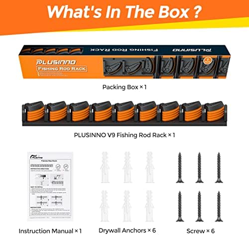 PLUSINNO V9 Vertical Fishing Rod Holders, Wall Mounted Fishing Pole Holders, Fishing Rod Rack Holds Up to 9 Rods or Combos, Fishing Rod Holders for Garage, Fits Most Rods of Diameter 3-19mm