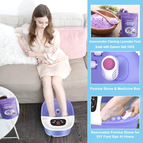 Foot Spa Bath Massager with Heat Bubbles and Vibration Massage and Jets, 16 OZ Calming Lavender Foot Soak Epsom Salt, Koenvenden Foot Soaker With Red Light, 22 Massage Rollers, Adjustable Temp -Purple