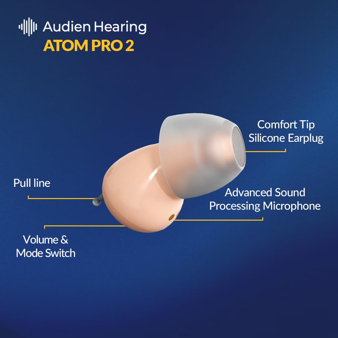 Audien ATOM PRO 2 Wireless Rechargeable OTC Hearing Aid, Premium Comfort Design and Nearly Invisible