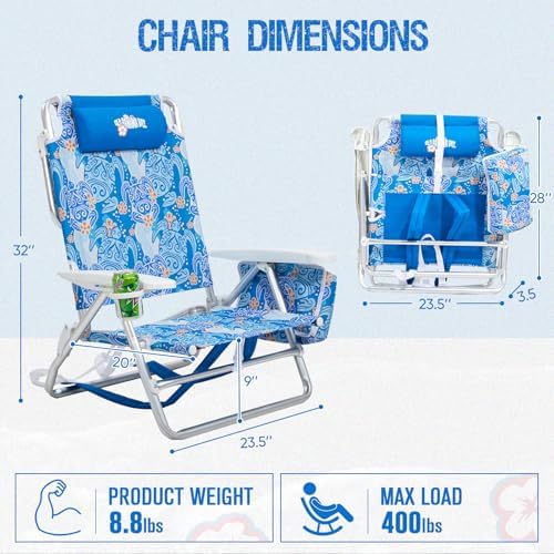 Reclining Beach Chair Backpack 5-Position Lay Flat Lounge Chair for Adults Heavy Duty Portable Folding Lightweight with Cooler Bag Camping Chair for Sand Outdoor