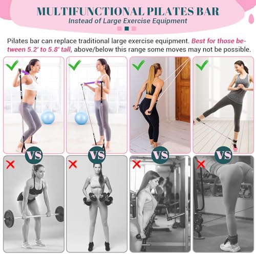 Pilates Bar Kit with Resistance Bands, Multifunctional Yoga Pilates Bar with Heavy-Duty Metal Adjustment Buckle, Portable Home Gym Pilates Resistance Bar Kit for Women Full Body Workouts