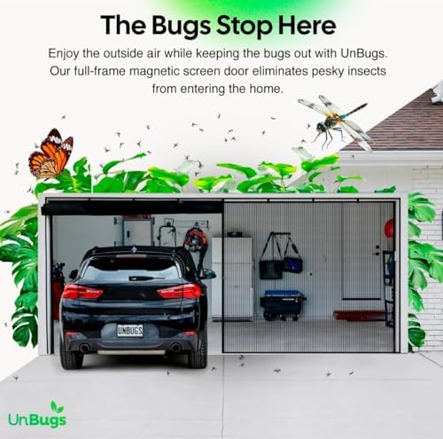 UnBugs Garage Screen Doors for 2 Car Garage - Fits Double Garage Doors up to 16 Feet Wide x 7 Feet Tall MAX - Pet & Kid Friendly, Self-Closing - Hands Free Magnet Closure Keeps Bugs Out & Breeze in