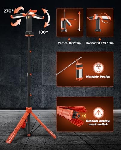 Saker Portable Camping Light with Stand 73.2" Rechargeable Work Light 800/3200 Lumen 4000/6500K Dimmable Camping Light for Outdoor Work, Power Outages, Fishing LD10 Orange