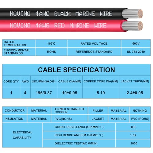 4 Gauge Marine Wire 4 AWG Marine Grade Wire Include 4 Gauge 15FT Black & 15FT Red,4 AWG Oxygen-Free Tinned Copper Electrical Cable for Boat Speaker Automotive Battery Lighting Solar Panel Outdoor