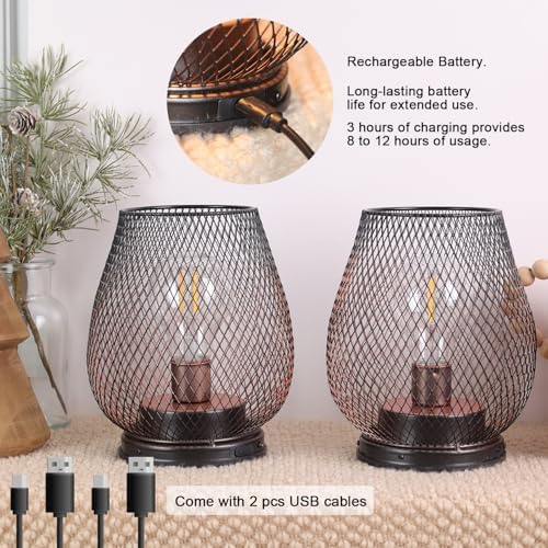 DECORKEY Set of 2 Rechargeable LED Table Lantern, Brown Metal Cage Cordless Lamps with LED Bulb,Vintage Decorative Outdoor Lantern for Weddings, Parties, Patio, Events for Indoors Shelf Decor