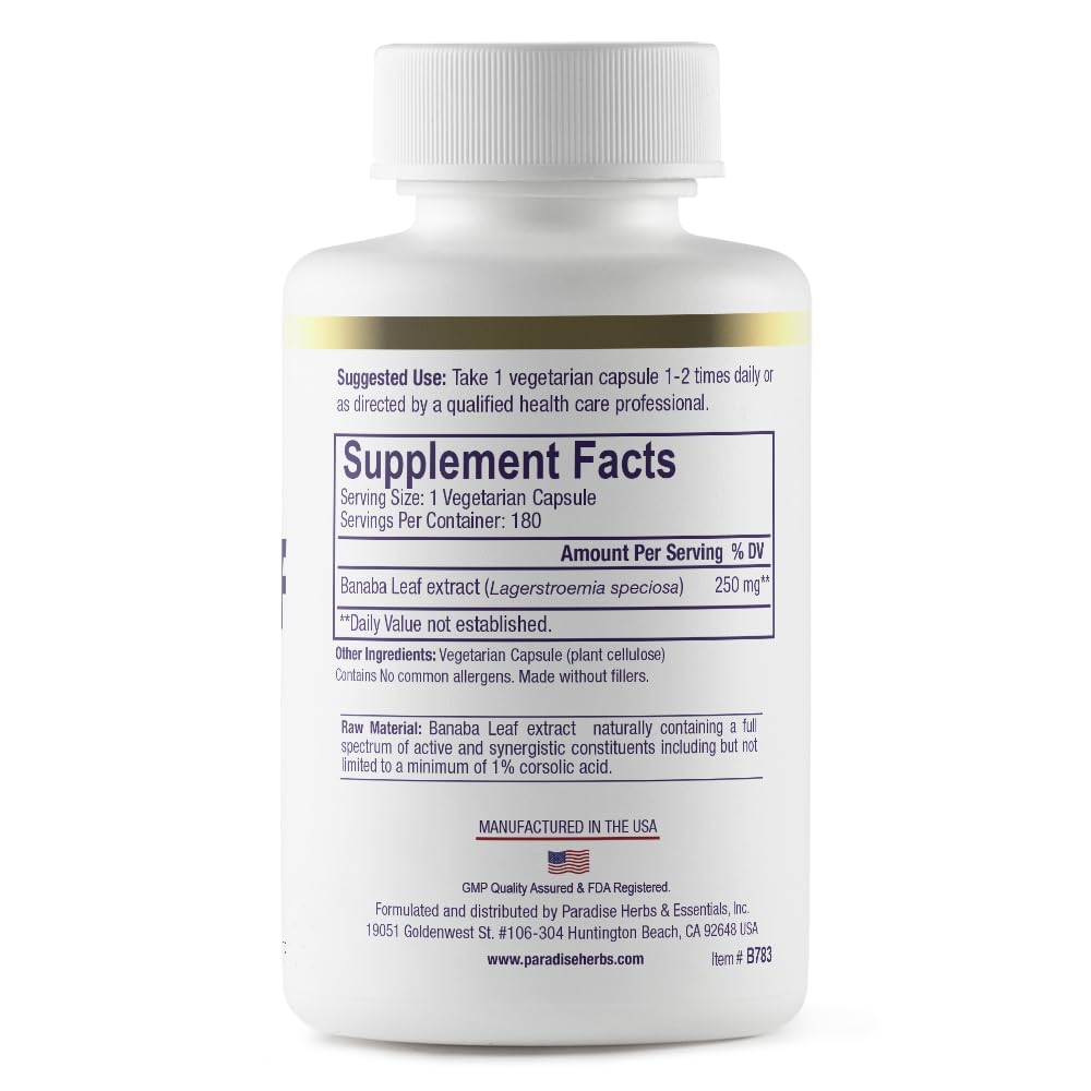 Paradise Herbs, Banaba Leaf, 12:1 Concentrated Extract, 250 mg, Vegan, Gluten-Free, Non-GMO, 180 Capsules