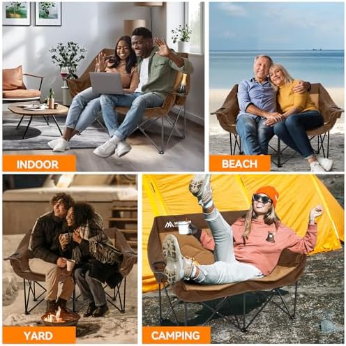 Double Camping Chairs for Adults Oversized Loveseat - 2 Person Camping Chair Heavy Duty Outdoor Camping Couch with Cup Holders - Portable Folding Chair for Outside Lawn, Brown