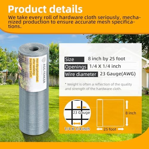 8inch x 25ft Hardware Cloth 1/4 inch Chicken Wire Fencing 23Ga, Hot Dipped Galvanized After Welding Garden Plant Supports Welded Metal Chicken Wire Fence, Poultry Animal Netting Cage Screen