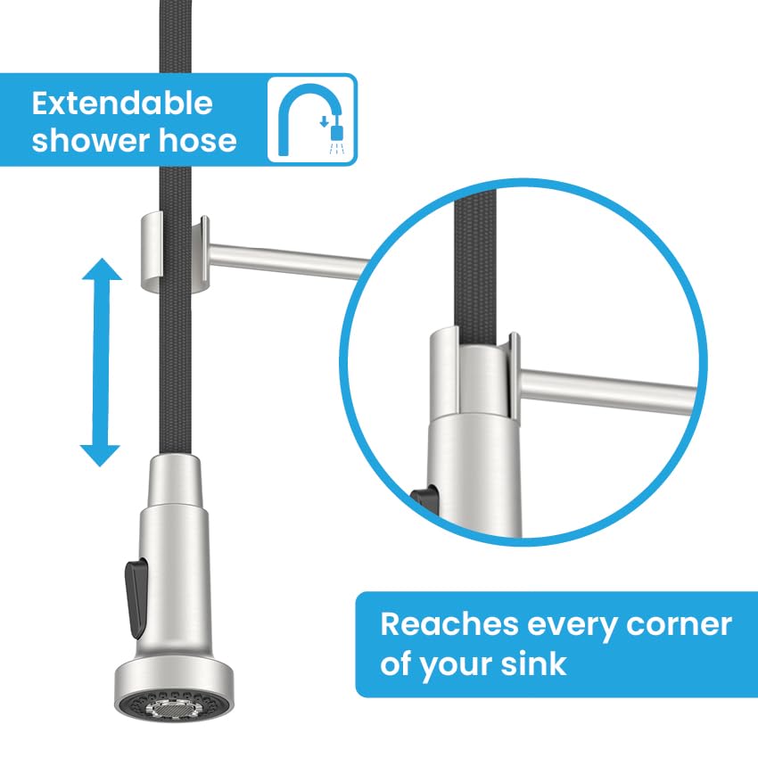 Bächlein Kitchen Faucet 360 Degree Swivel (Brushed Stainless Steel) - One-Hand Stainless Steel Sink Mixer with Flexible Neck and Shower with Switch Button, Water Tap for The Kitchen