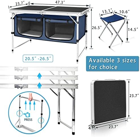 CampLand Outdoor Folding Table Aluminum Lightweight Height Adjustable with Storage Organizer for BBQ, Party, Camping