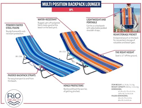 Rio Beach Portable Lay Flat Folding Backpack Beach Lounge Chair with Backpack Straps and Storage Pouch, Blue Stripe