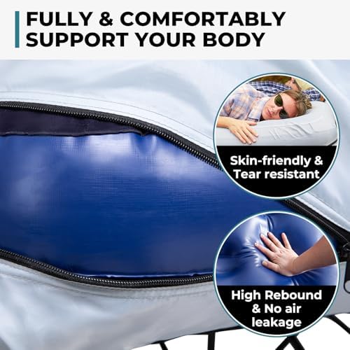 FUNDANGO Queen Camping Cot, 2 Person Folding Airbed Mattress, Double Camp Bed with 2 Cup Holders, Removeable Cover for Adults Outdoor Travel,Carry Bag Included (Grey)