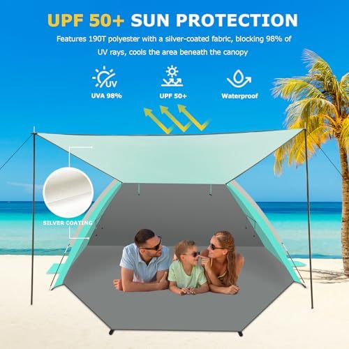 Gorich Beach Tent with Canopy - Easy Setup 3-6 Person Portable Sun Shelter, UPF 50+ UV Protection Sun Shade, Lightweight & Compact Beach Cabana for Family Travel