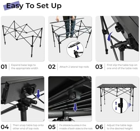 Camping Table Folding Portable Camp Aluminum Fold Up Lightweight Roll Up Table Adjustable Height with Carry Bag Indoor Outdoor for Camping, Picnic, Backyard, BBQ, Patio, Black
