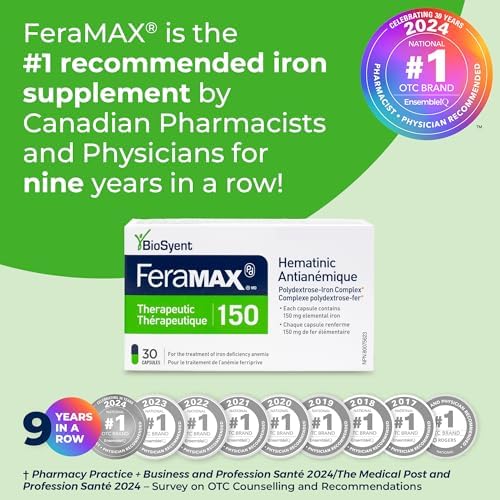 FeraMAX Pd Therapeutic 150 Iron Supplement - Once Daily High Dose Iron Supplement No.1 Recommended Treatment for Iron Deficiency Anemia - 150mg of Elemental Iron per Capsule, 30 Capsules