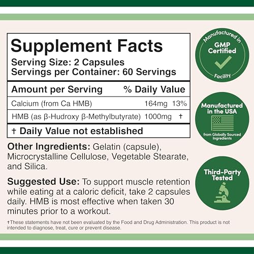 Double Wood Supplements HMB Supplement, Third Party Tested, Non-GMO, Gluten Free, 120 Capsules, 1000mg per Serving, 500mg per Capsule