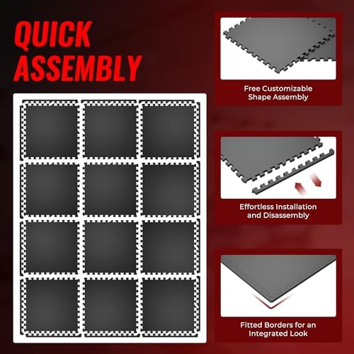 SUPERJARE 0.56'' Thick 12 Pcs 48 Sq Ft Rubber Top Exercise Equipment Mats, High Density EVA Foam Mats with Rubber Top, Interlocking Gym Flooring for Home Gym, Protective Workout Mat, Black