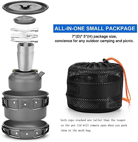 Odoland Camping Cookware Mess Kit, Lightweight Pot Pan Kettle with 2 Cups, Fork Spoon Kit Stainless Steel, gray for Backpacking, Outdoor Camping Hiking and Picnic