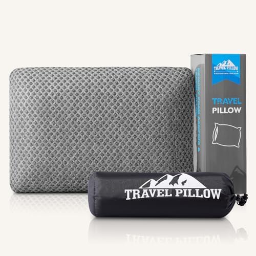 Travel Pillow Memory Foam Pillows, Camping Pillow-Compressible Medium Firm, Breathable Cover, Ideal Backpacking Hiking, Bed Pillows, Airplane and Car (Dark Grey, M)