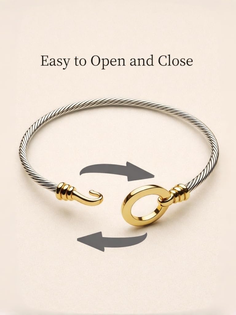 mulanci Cable Bracelets for Women, Twisted Cable Bracelet Cuff, Mixed Metal Two Tone Silver and Gold Bracelet, Wire Bangle Bracelets for Women