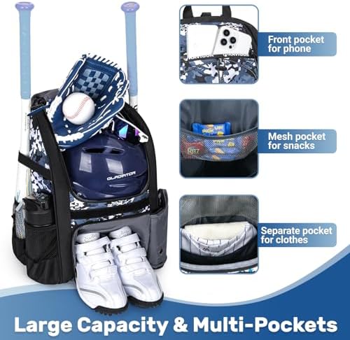 Youth Baseball Bag, Softball Bag for Girls & Boys, Kids Tball Backpack with Shoes Compartment