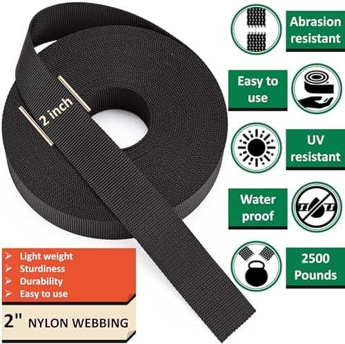 2 Inch Nylon Webbing Strap with Plastic Tri-Glide Slide Clips, 10 25 50 Yards Heavy Duty Nylon Strapping for Indoor or Outdoor Gear, DIY Crafting, Repairing