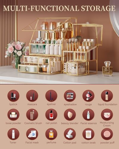 CoralHouse Clear Makeup Organizer with Gold Frame – Countertop Vanity Organizer for Skincare, Lipsticks, Perfume & Brushes – Bathroom Cosmetic Storage Display Box
