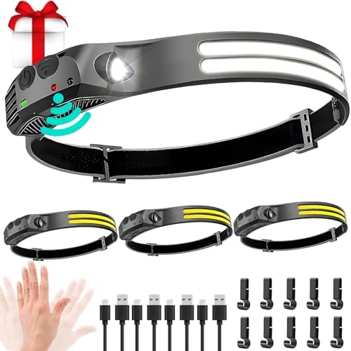 LED Headlamp Rechargeable 4PCS - 230° COB Super Bright Head Lights for Forehead, Hard hat Light for Adults, USB C Headband Flashlight for Work, Hiking, Running, Camping Essentials Gear