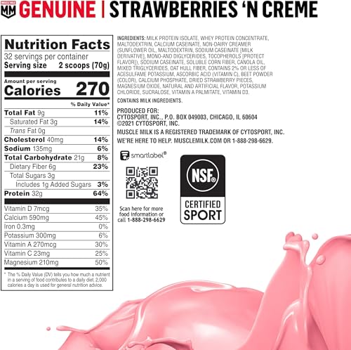 Muscle Milk Genuine Protein Powder, Strawberries 'N Crème, 32g Protein, 4.94 Pound
