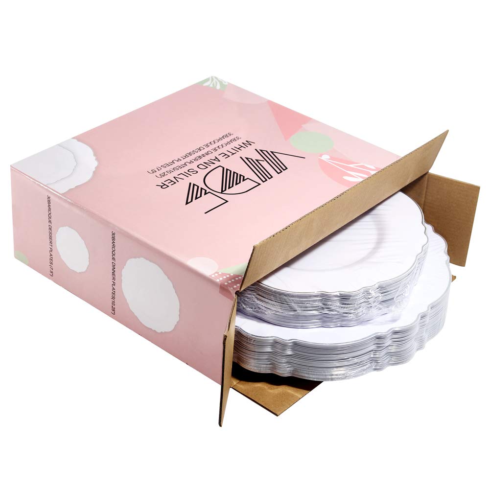WDF 60pcs Silver Plastic Plates-Baroque White &Silver Plates for Upscale Parties &Wedding-including 30Plastic Dinner Plate 10.25inch, 30 Salad Plate 7.5inch for Christmas