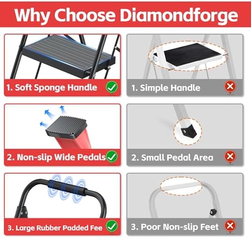 Step Ladder Foldable Folding Stool - for Home Adults Kitchen 3 Stepping Extension Tall Heavy Duty with Handrails - Closet Stepstool Stair Ladders Extendable Stepladder for Indoor House 800Lbs