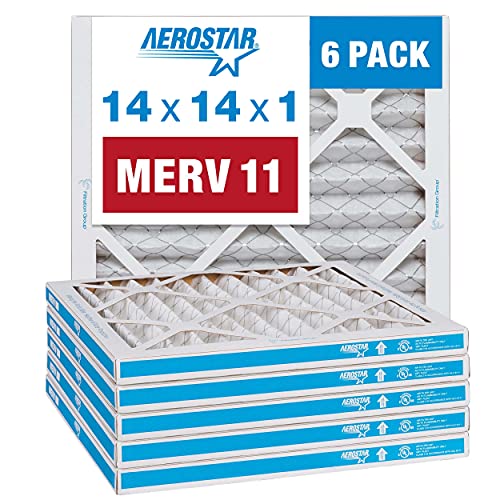 Aerostar 14x14x1 MERV 11 - 6 Count - Pleated HVAC, Furnace & Air Conditioner Filters - Removes Dust, Cold & Flu Germs, Lint, Mold, Pet Dander, Allergy-Causing Pollen, Smog & Smoke