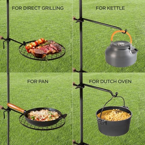 Campfire Grill Open Fire Cooking Equipment for Camping with Height Adjustable Swivel Grill Grate and Hanger Rod
