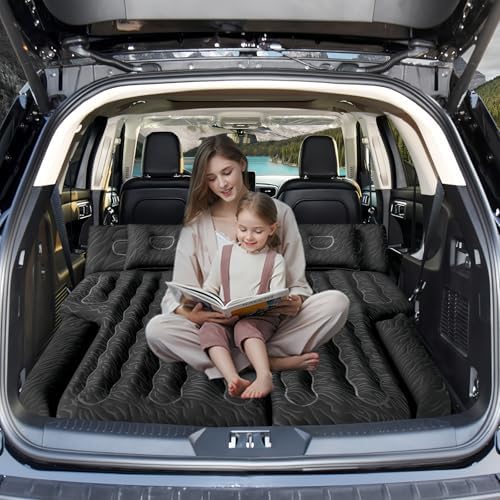Inflatable SUV Air Mattress: Double-Sided Flocking Car Mattresses for Back SUV, Travel Camping SUV Sleeping Bed Mattress with Air Pump 2 Pillows