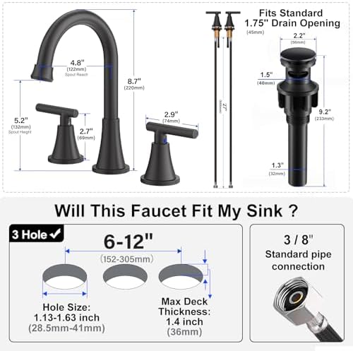 Bathroom Faucets for Sink 3 Hole, Hurran Matte Black Bathroom Sink Faucet with Pop-up Drain and Supply Lines, Stainless Steel Lead-Free Widespread Faucet for Vanity RV Farmhouse, 2 Pack