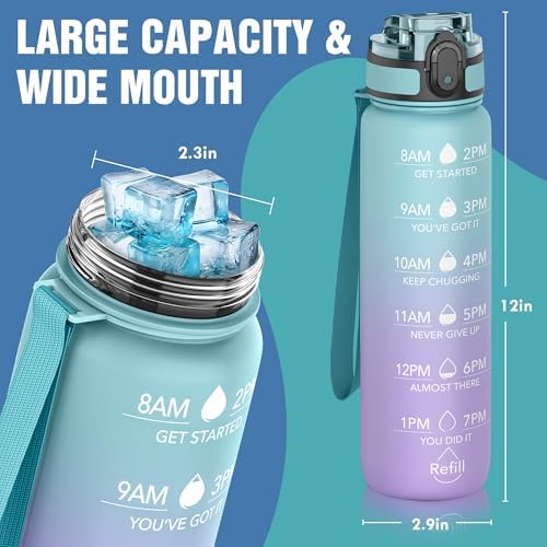 OLDLEY Water Bottle, 32oz Motivational Sports Water Bottle with Time Marker - Times to Drink - Tritan, BPA Free, Wide Mouth Leakproof, Glacier (1 Bottle)