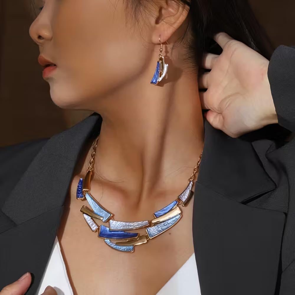 JWIGP Boho Geometric Statement Jewelry Set for Women, Blue Enamel Chunky Gold Necklace Earrings Retro Vintage Layered Chunky Collar Fashion Jewelry Gifts (Blue set)
