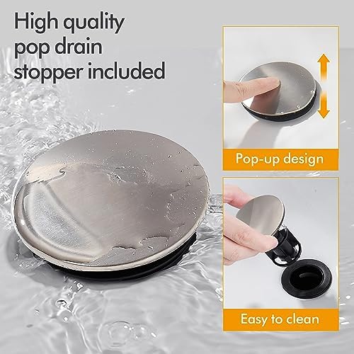 Bathroom Sink Faucet FRANSITON 4 Inch Faucet 2 Handle Bathroom Sink Faucets Lead-Free Brushed Nickel Bath Sink Faucets with Pop-up Drain Stopper and Supply Hoses