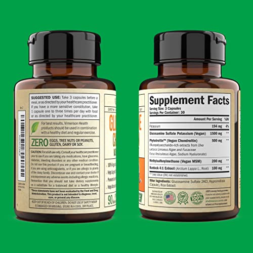 Vegan Glucosamine Chondroitin MSM - 100% Vegan Joint Support Supplement for Women & Men with Burdock and Glucosamine Sulfate 1500 mg. Used for Cartilage and Joint Health and Flexibility - 90 Capsules
