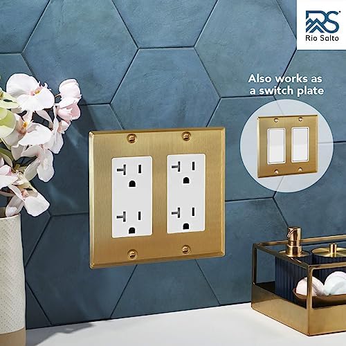 Rio Salto BRASS Modern Metal Gold Double Light Switch Wall Plate or Outlet Cover Wall Plate, Corrosion Resistant Receptacle Wallplate Rocker Covers Decora 2 Gang Brushed Brass STANDARD SIZE