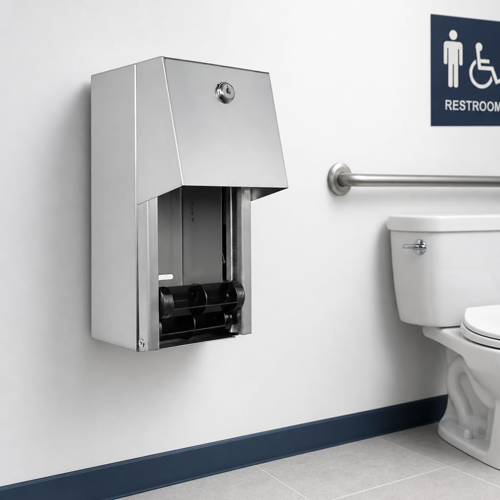 Stylever Commercial Toilet Paper Dispenser - 304 Stainless Steel Double Roll Holder - Heavy Duty Lockable Wall Mount Tissue Dispenser for Restroom - Metal Bathroom Fixtures