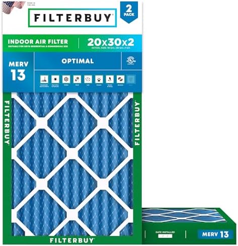 Filterbuy 20x30x2 Air Filter MERV 13 Optimal Defense (2-Pack), Pleated HVAC AC Furnace Air Filters Replacement (Actual Size: 19.75 x 29.75 x 1.75 Inches)