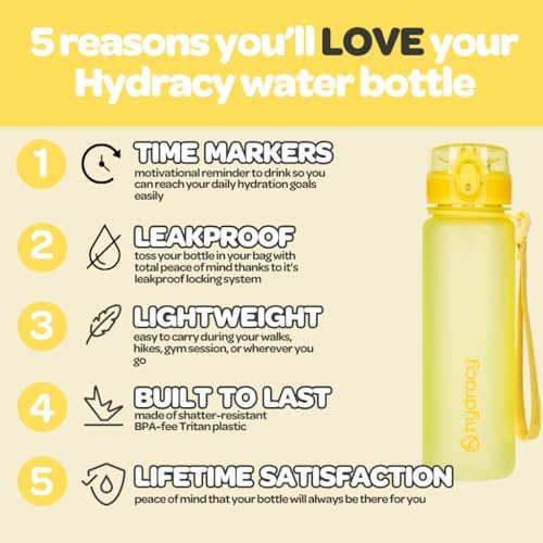 Hydracy Water Bottle with Time Marker -Large BPA Free Water Bottle & No Sweat Sleeve -Leak Proof Gym Bottle with Fruit Infuser Strainer & Times to Drink -Ideal for Fitness Sports & Outdoors