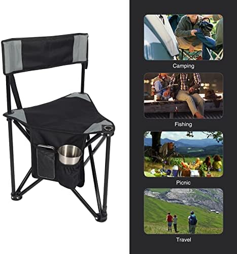 REDCAMP 2 Pack Tripod Camping Chairs Folding Lightweight, Portable 3 Legged Tripod Stool Seat with Backrest, Small Golf Chair Compact for Adults Fishing Hunting, Black