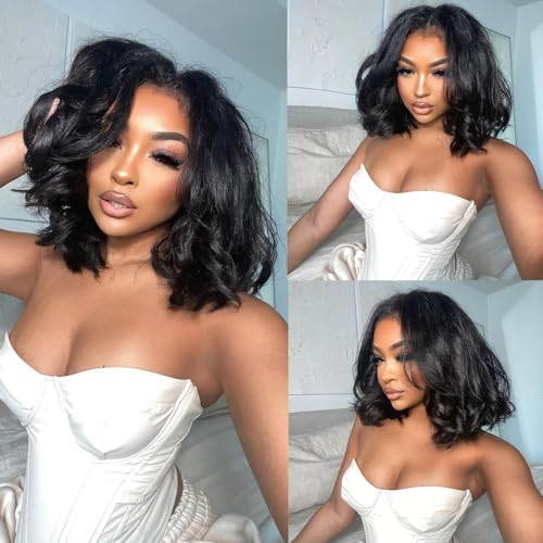 Bob Wig Human Hair 13x4 Body Wave Lace Front Wigs Human Hair 180% Density Lace Front Wigs Human Hair Pre Plucked Human Hair Wigs for Black Women Wigs Human Hair with Baby Hair (14 Inch, Natural Black)