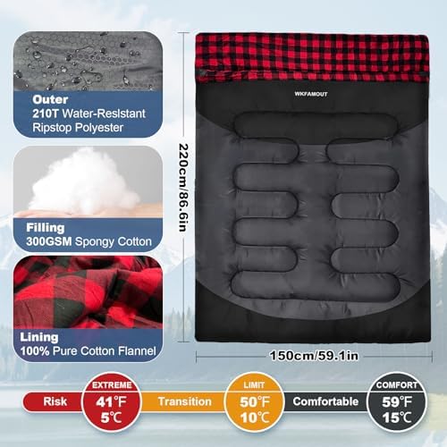 Cotton Flannel Double Sleeping Bag for Adults Machine Washable 2 Person Camping Sleeping Bag Queen Size Waterproof with Compression Sack for Cold Weather 3-4 Seasons